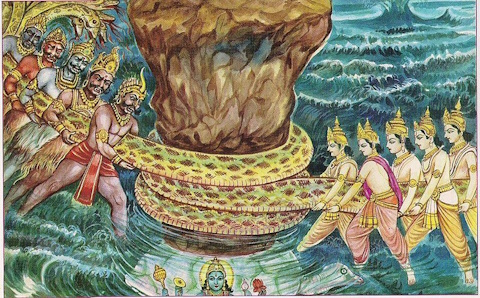 Illustration of Samudra Manthan, the divine event where Amrit (nectar of immortality) was obtained.